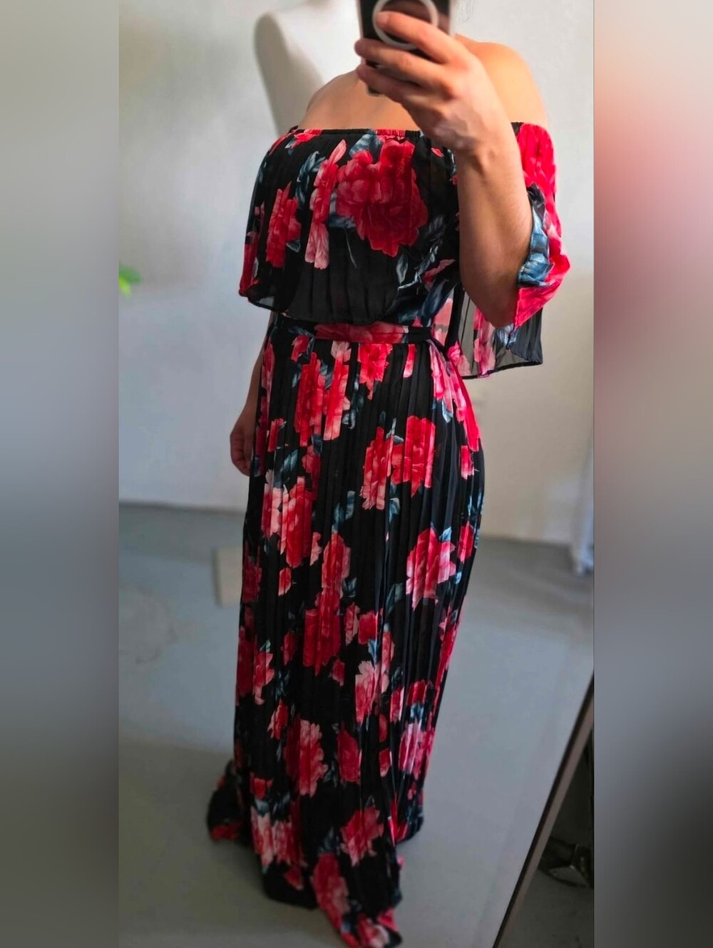 Off-Shoulder Black Floral Maxi Dress with Red Blooms